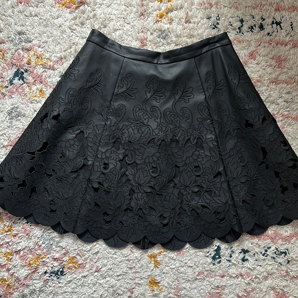 Club Monaco Faux Leather Skirt with Floral Cut Outs